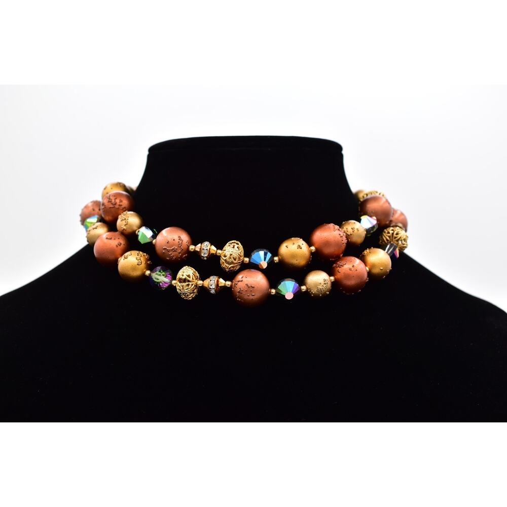 Deauville Vintage Double Strand Choker Beaded Necklace Gold Copper Crystal BinY